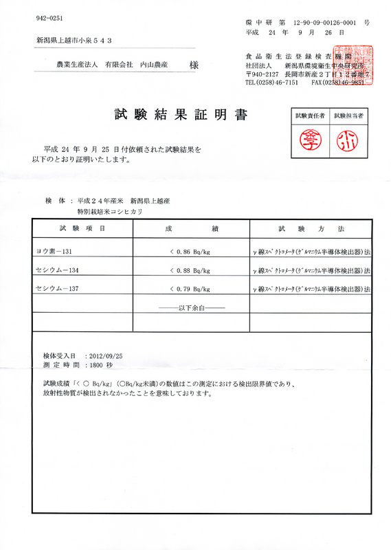 (クリックして拡大表示) 放射性物質検査結果その1 平成24年産米「特別栽培米コシヒカリ」の放射性物質検査結果