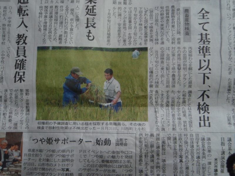 (クリックして拡大表示) 放射性物質検査について 山形新聞(9/11)