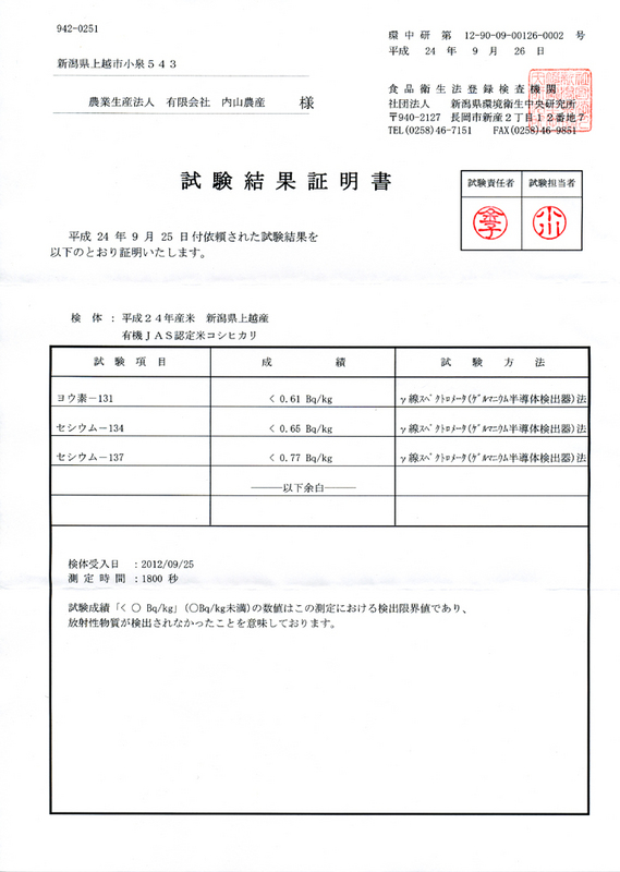 (クリックして拡大表示) 放射性物質検査結果その2 平成24年産米「有機JAS認定米コシヒカリ」の放射性物質検査結果