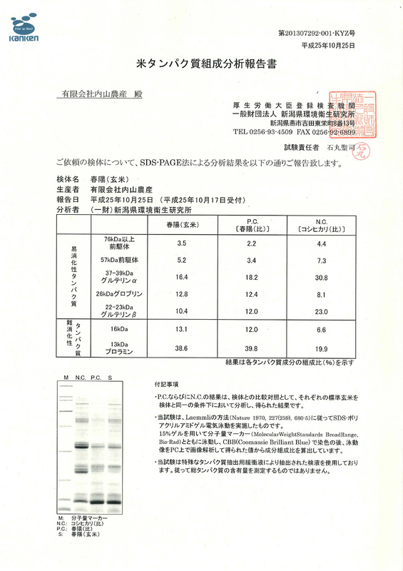(クリックして拡大表示) 「春陽」の米タンパク質組成分析結果の報告 平成25年産「春陽」(玄米) 米タンパク質組成分析報告書