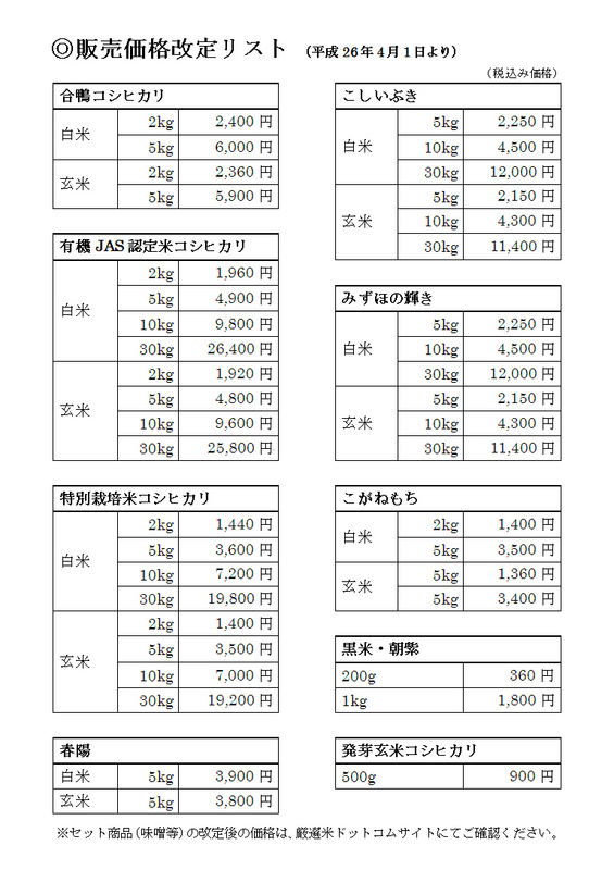(クリックして拡大表示) 平成26年4月からの販売価格改定のお知らせ 販売価格改定リスト(平成26年4月1日より)