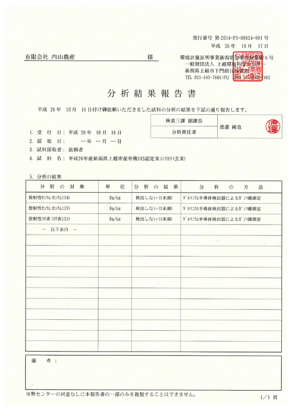 (クリックして拡大表示) 平成26年産新米「有機JAS認定米コシヒカリ」の放射性物質検査の結果 放射性物質検査 分析結果報告書【平成26年産新潟県上越市産有機JAS認定米コシヒカリ(玄米)】